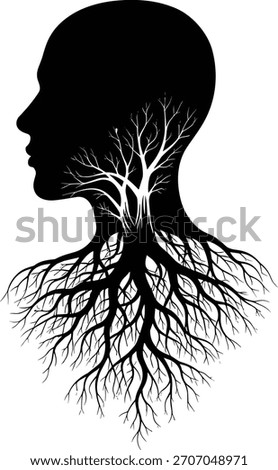Human head silhouette with tree branches and roots, nature mind concept, mental growth, inner thoughts, spiritual connection, vector art illustration