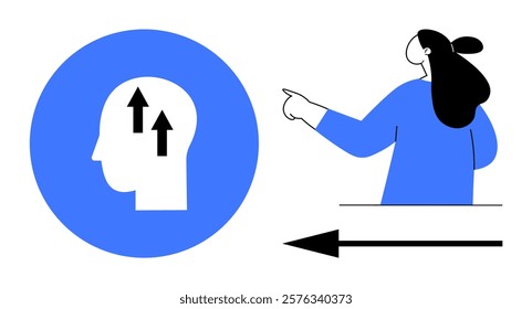 Human head silhouette with upward arrows indicating growth or thinking, alongside a person pointing left. Ideal for business growth, productivity, self-improvement, motivation, and direction themes