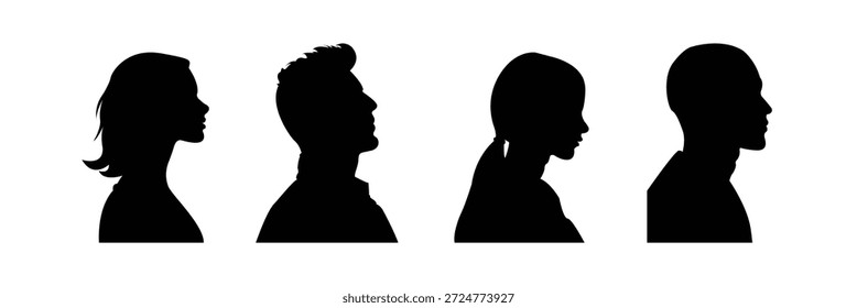 Vector de silueta de cabeza humana vista lateral, perfil humano, caras mirando de lado. eps 10