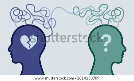 Human head silhouettes with broken heart and question mark connected by tangled lines for relationship therapy and communication barrier concepts.
