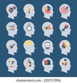 Human head silhouettes with idea icons inside isolated vector illustration