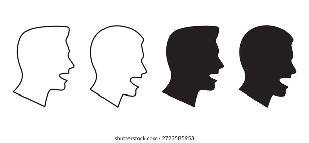 Perfil de silhuetas da cabeça humana falando boca aberta falando alto.