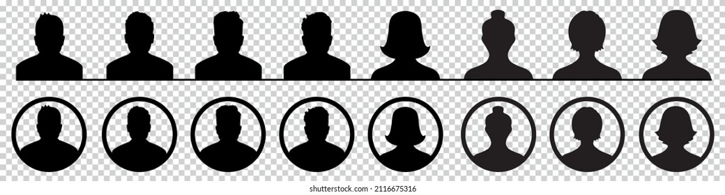 Human Head Silhouettes Set - Different Men And Women Vector Illustrations - Isolated On Transparent Background