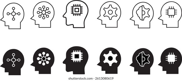 Human head silhouettes, technology icons, brain symbols, gear shapes, circuit patterns, artificial intelligence concepts, minimalist design
