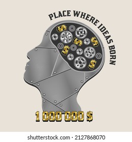 Human head with silver gears, gold dollar symbol, metal plates, rivets. Concept of generation of ideas to make money and importance of human resource. Can be used for AI concept. Steampunk style.