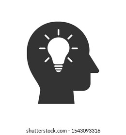 Human head simple silhouette icon with light bulb. Head with light bulb or idea, invention concept black vector icon.