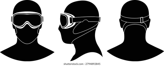 Human head ski goggles silhouette collection with front side back views