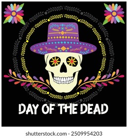 Crânio de cabeça humana com um chapéu. Dia De Los Muertos Celebração Do Halloween. Conceito de Dia dos Mortos. Ilustração de vetor plano.