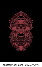 Human head Skull with ornament artwork illustration