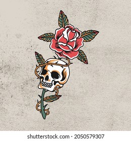 human head skull and red rose design vector