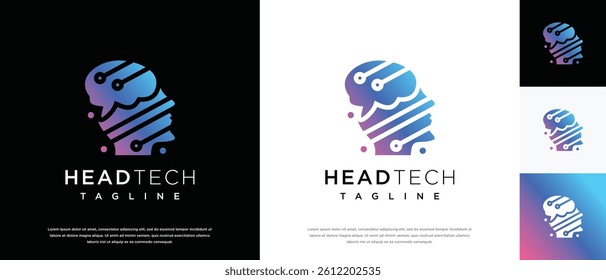 human head smart brain technology logo design template. human head, mind and technology logo icon
