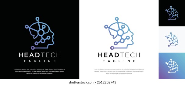 human head smart brain technology logo design template. human head, mind and technology logo icon