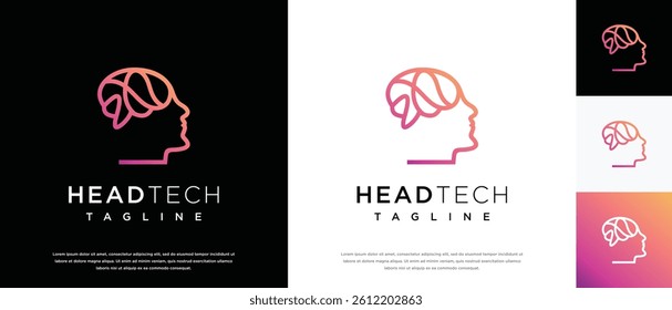 human head smart brain technology logo design template. human head, mind and technology logo icon