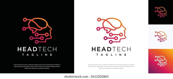 human head smart brain technology logo design template. human head, mind and technology logo icon