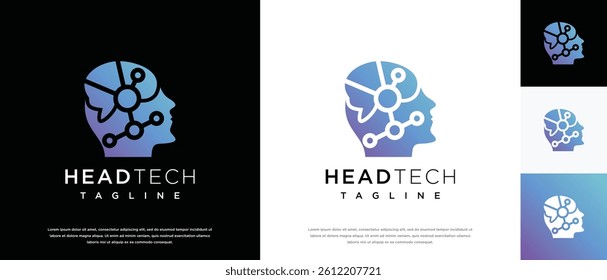 human head smart brain technology logo design template. human head, mind and technology logo icon