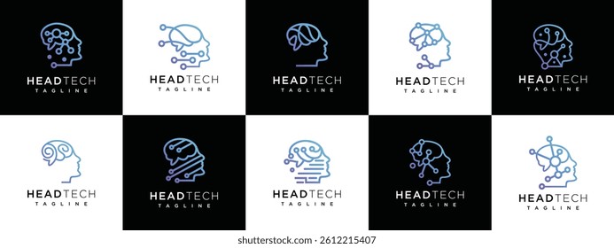 Human head smart brain technology logo design templates collection. human head, mind, and technology logo icon