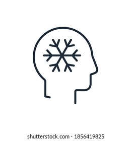 Human head with a snowflake sign. Cold head. Objective perception and rational thinking. Vector linear icon isolated on white background.