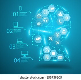 Human head with social network icons, Communication in the global computer networks, Vector illustration modern design template, workflow layout, diagram, step up options