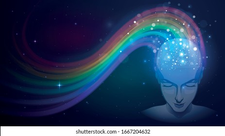 Human head in space and rainbow, concept of imagination and dream