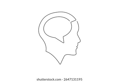 Human head with speech bubble continuous line drawing. Dialog or monolog symbol. Conversation sign, One line man with speech bubble.
