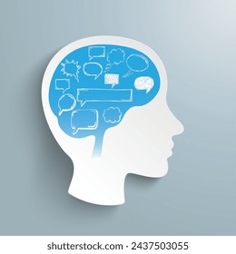 Cabeza humana con burbujas de habla en el cerebro sobre el fondo gris. Archivo vectorial Eps 10.