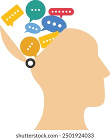 Human head with speech bubbles. Discussion, conversation, meeting, team communication, colleague chatting, opinion. Flat vector illustration.

