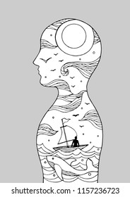 human head spirit power energy connect to the universe vector abstract art illustration design hand drawn