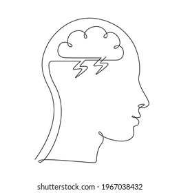 Human head with storm cloud in one line drawing. Mindfulness and stress management in psychology. Bad feelings and thoughts from mental illness. Vector illustration