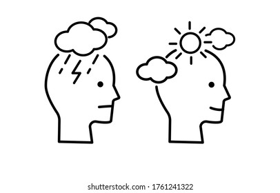 Human head with storm clouds, lightening and sunny clear sky, vector illustration. Psychology concept. Getting well, recovery