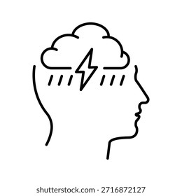 Human head with storm and lightning. Line icon. Editable stroke. Vector illustration.