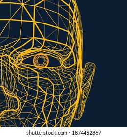 The human head in the style of a wireframe on the dark background. Polygonal phorm, object. Coding, cyber Technology. internet, simbol connection, Digital world. Computer Graphics. Vector illustration