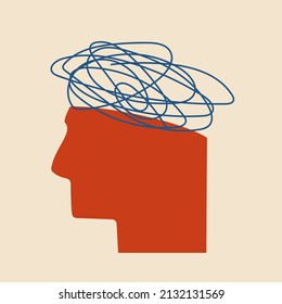 A human head with a tangle of confused thoughts above it. Vector isolated illustration psychological health concept.