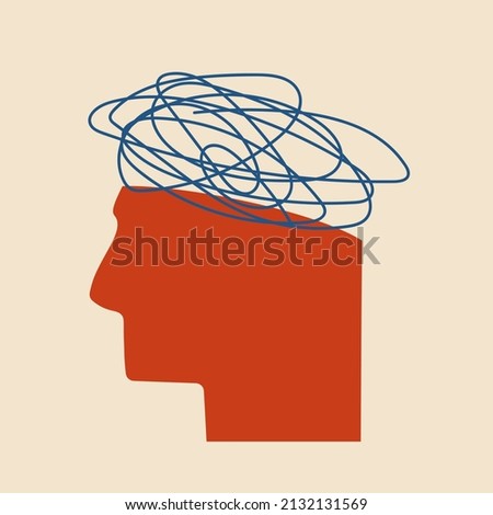 A human head with a tangle of confused thoughts above it. Vector isolated illustration psychological health concept.
