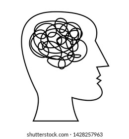 Human head with tangled messy line inside as brain. Concept of chaotic thinking process, confused mind, personal disorder, depression. Line vector illustration.