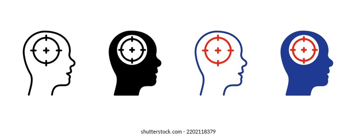 Human Head Target Silhouette and Line Icon. Marketing Sociology Focus Goal on Customer Mind Pictogram. Centric Aim Destination Icon. Cognitive Knowledge. Editable Stroke. Isolated Vector Illustration.