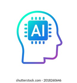 Human Head Tech Icon, AI Chip Technological Brain, Artificial Intelligence, Simple Flat Design Symbol, Isolated On White Background, Vector Illustration