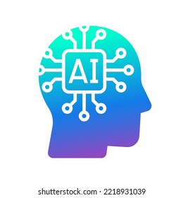 Icono de tecnología de cabeza humana, cerebro tecnológico de chips de IA, inteligencia artificial, símbolo de diseño plano simple, aislado en fondo blanco, ilustración vectorial