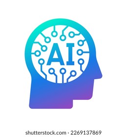 Human head tech icon, AI chip technological brain, Artificial intelligence, Simple flat design symbol, Isolated on white background, Vector illustration