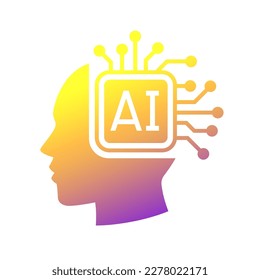 Human head tech icon, AI chip technological brain, Artificial intelligence, Simple flat design symbol, Isolated on white background, Vector illustration