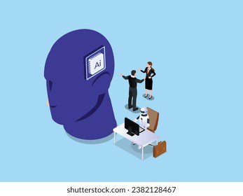 Human head tech icon, AI chip technological brain, Artificial intelligence engineers and programmers isometric 3d vector illustration concept