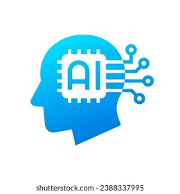 Human head tech icon, AI circuit chip technological brain, Artificial intelligence, Simple flat design symbol, Isolated on white background, Vector illustration