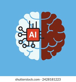 Human head tech icon, AI chip technological brain, Artificial intelligence, Simple flat design symbol, Isolated on white background, Vector illustration