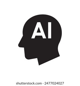 Human head tech icon, AI technological brain, Artificial intelligence, Simple flat design symbol, Isolated on white background, Vector illustration