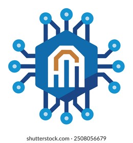 Human head tech icon, AI chip technological brain, Artificial intelligence, Simple flat design symbol, Isolated on white background, Vector illustration