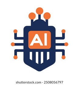 Human head tech icon, AI chip technological brain, Artificial intelligence, Simple flat design symbol, Isolated on white background, Vector illustration
