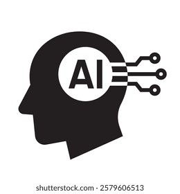 Human head tech icon, AI circuit board technological brain, Artificial intelligence, Simple flat design symbol, Isolated on white background, Vector illustration