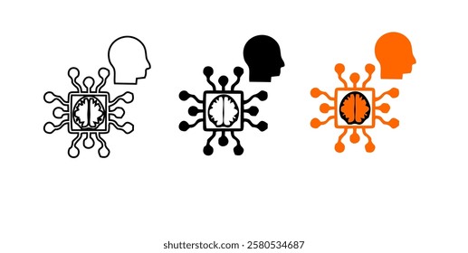Human head tech icon, AI chip technological brain, Artificial intelligence, Simple flat design symbol, Isolated on white background, Vector illustration
