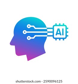 Human head tech icon, AI chip technological brain, Artificial intelligence, Simple flat design symbol, Isolated on white background, Vector illustration