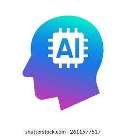 Human head tech icon, AI chip technological brain, Artificial intelligence, Simple flat design symbol, Isolated on white background, Vector illustration