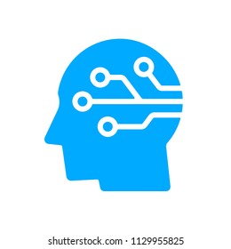 Human head tech logo, Circuit board technological brain, Artificial intelligence, Simple flat design icon symbol, Isolated on white background, Vector illustration